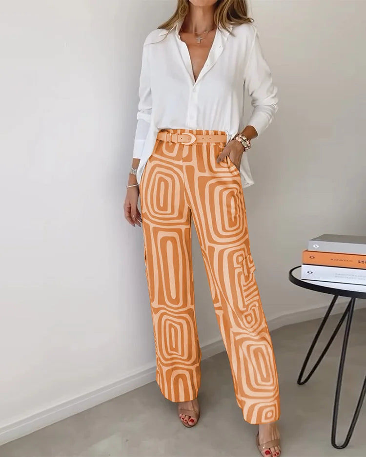 Elegant Pants Set with Luxury Blouse and Matching Belt
