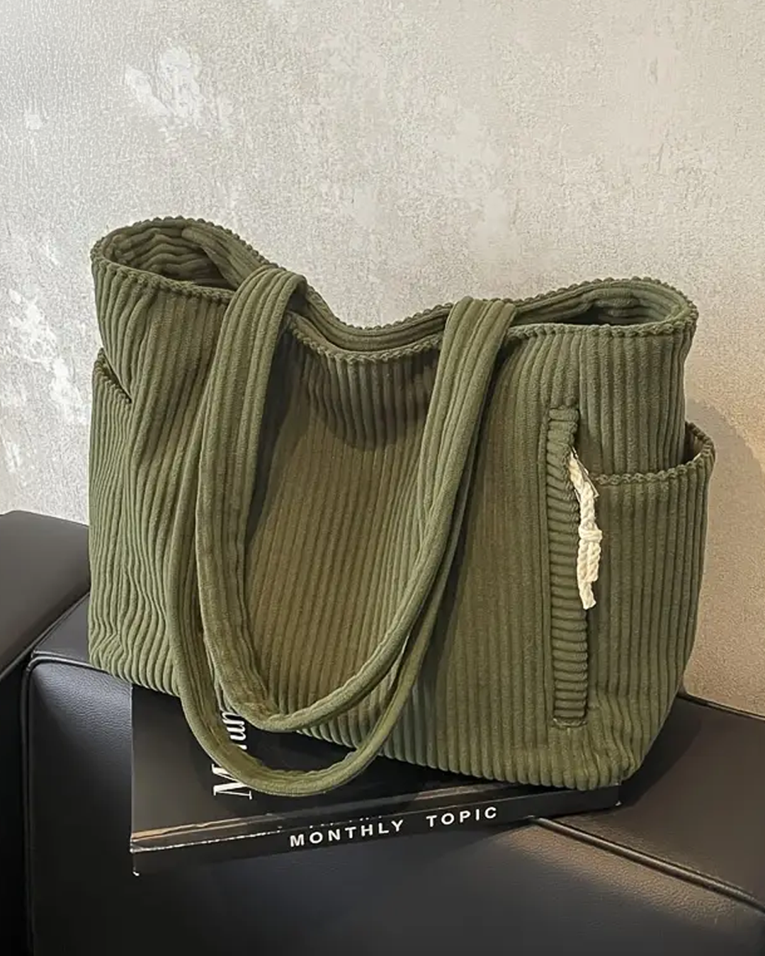 SEUNO – Casual Ribbed Tote with Drawstring Detail