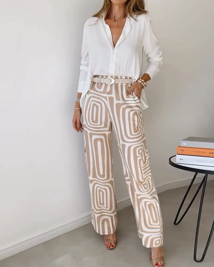Elegant Pants Set with Luxury Blouse and Matching Belt