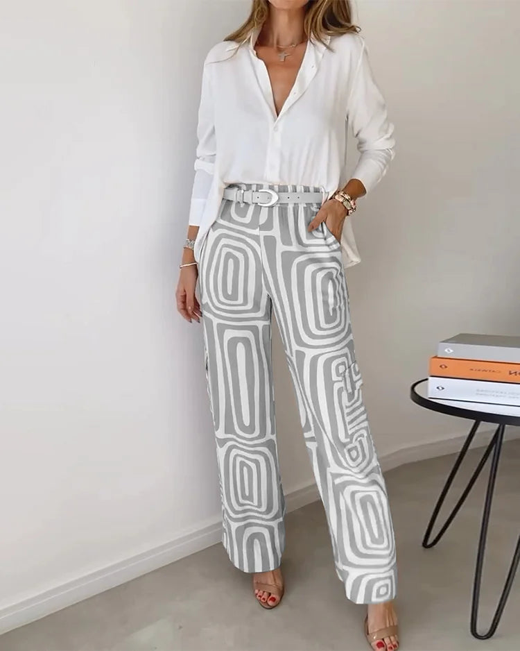 Elegant Pants Set with Luxury Blouse and Matching Belt