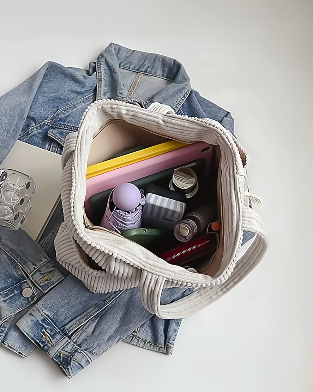 SEUNO – Casual Ribbed Tote with Drawstring Detail